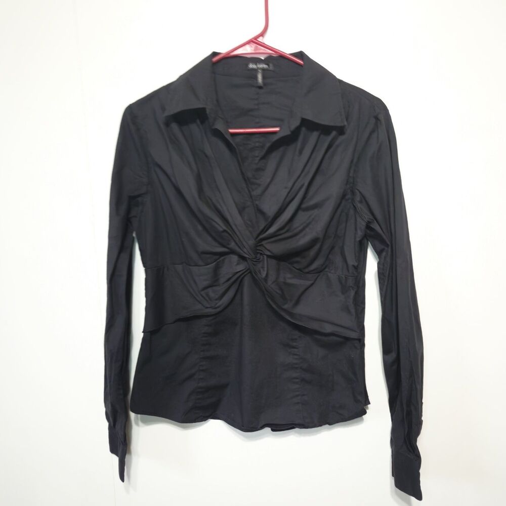 Daisy Fuentes Womens Top sz S Black Collared Long Sleeve V Neck Side Zip Shirt